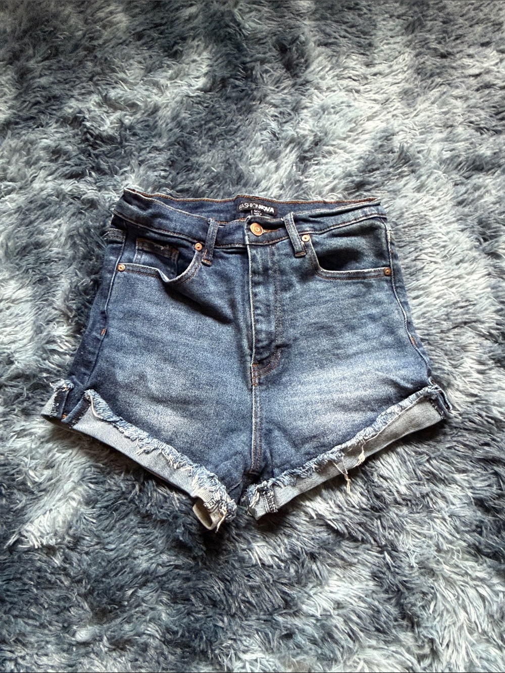 Fashion Nova High-Waist Frayed Denim Shorts - Medium Blue